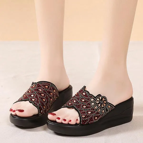 Women's Casual Rhinestone Wedge Thick-soled Slippers 48768103S