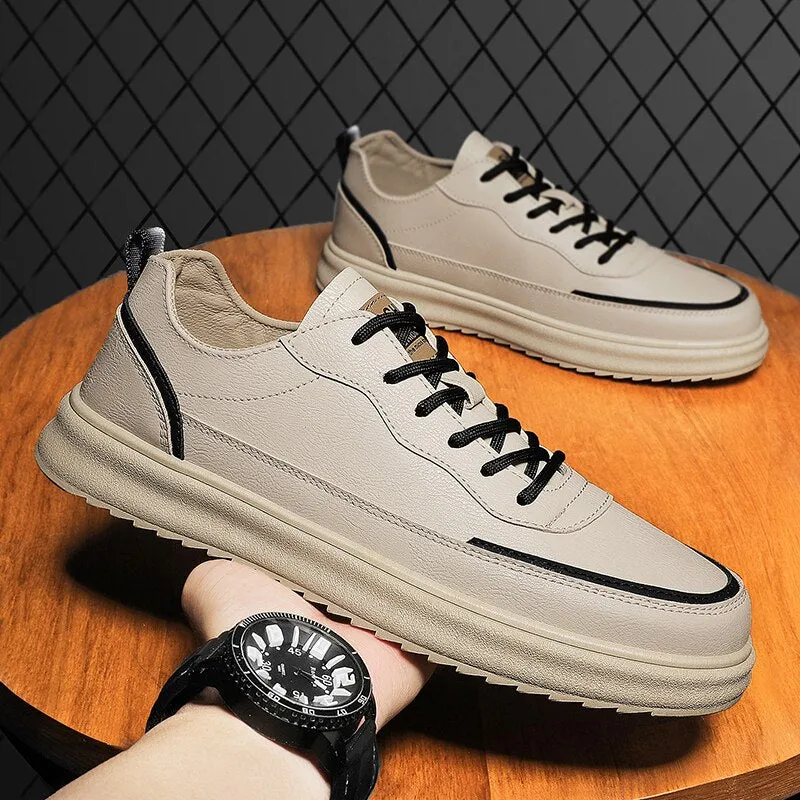 Xituodai  Thick-soled Non-slip Low-top White Shoes Autumn New Mens Casual Shoes Fashionable and Comfortable Lightweight Leather Shoes